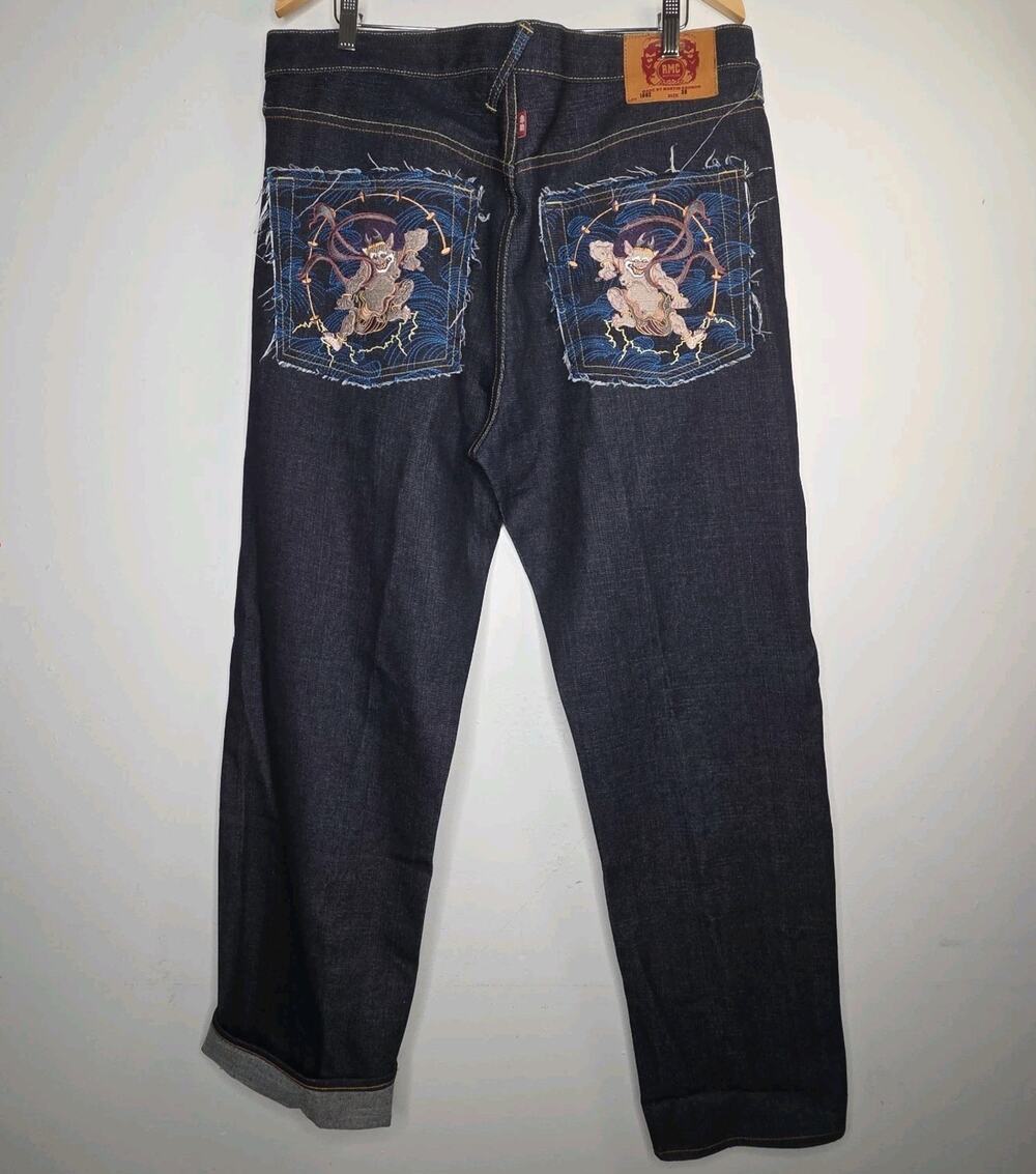 BMC Red Monkey Company Lot 1002 Jeans 38x34 Dark Wash Fujin Raijin Embroidered